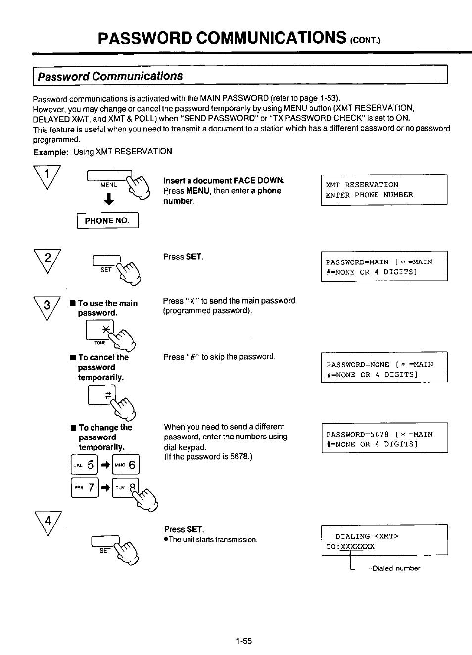 Password communications, To cancel the, Password communications -50 | Panasonic KX-F220 User Manual | Page 76 / 132