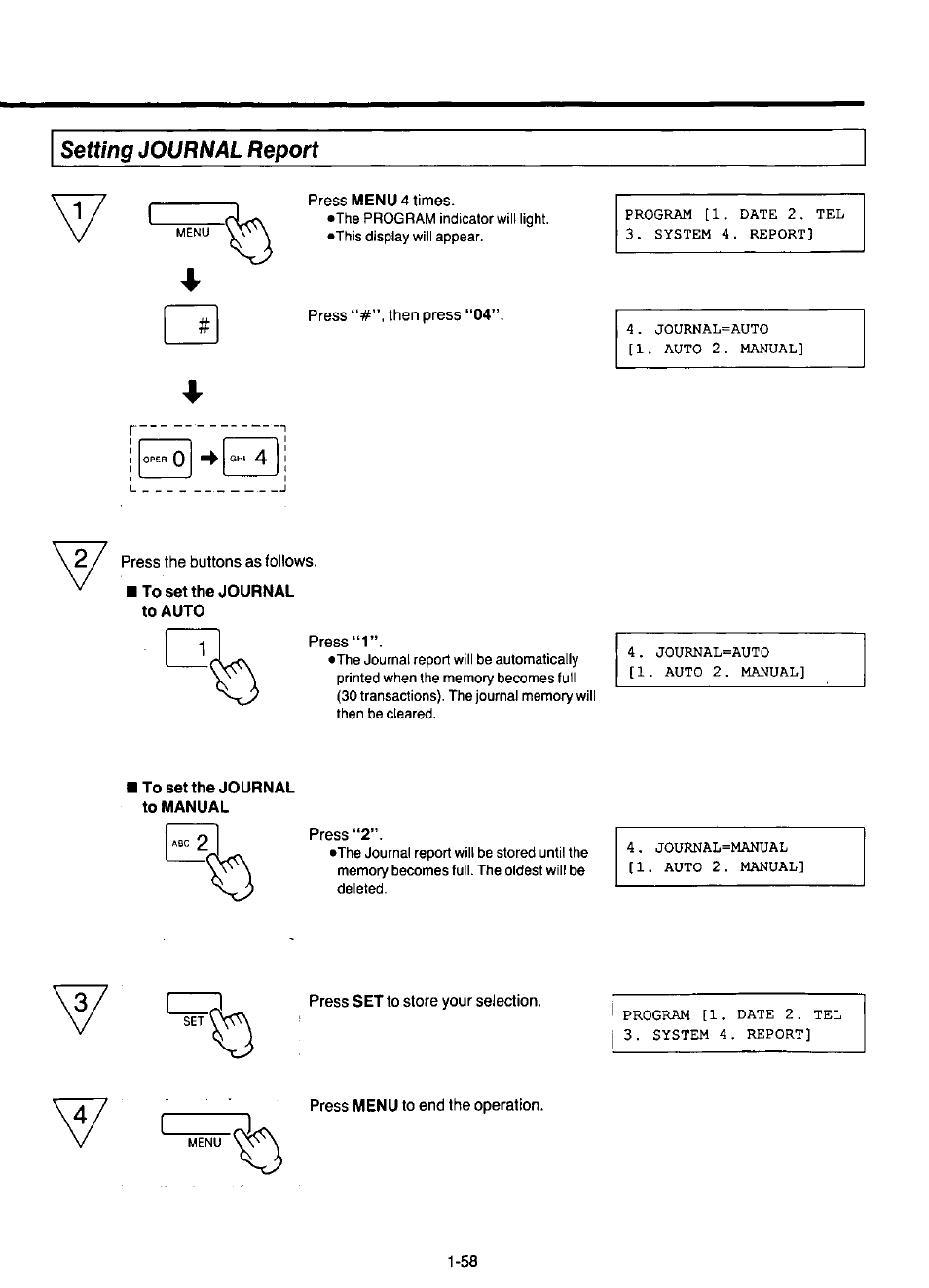 To set the journal to auto, To set the journal to manual, Setting journal report | Panasonic KX-F220 User Manual | Page 79 / 132