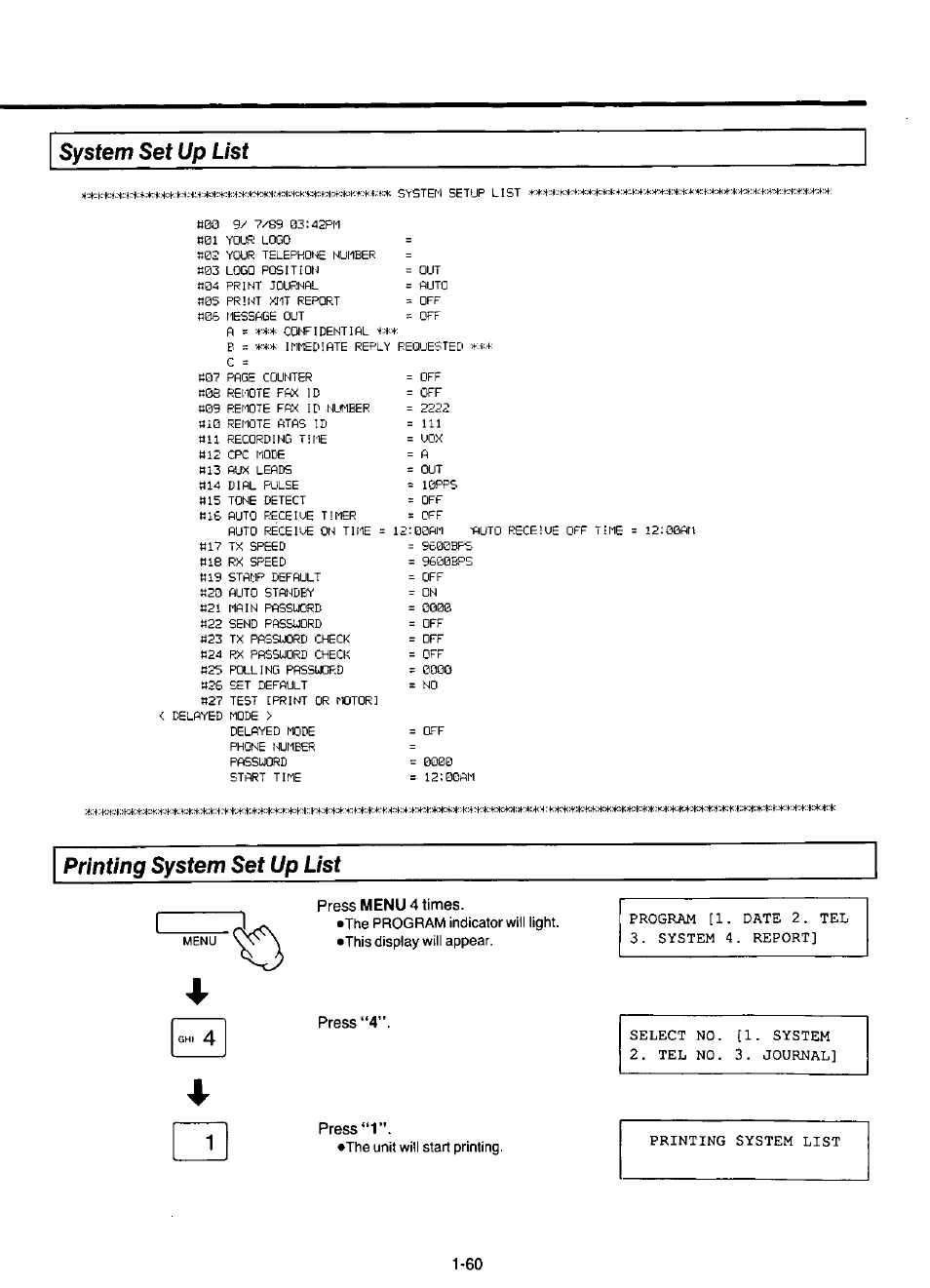 System set up list, Printing system set up list, The unit will start printing | S/sfem sef, Up list | Panasonic KX-F220 User Manual | Page 81 / 132