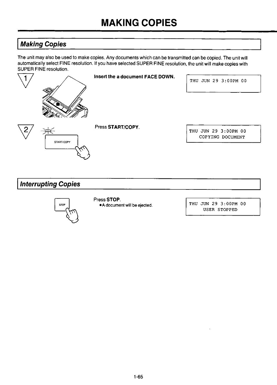 Making copies, Insert the a document face down, Making copies -65 | Panasonic KX-F220 User Manual | Page 86 / 132