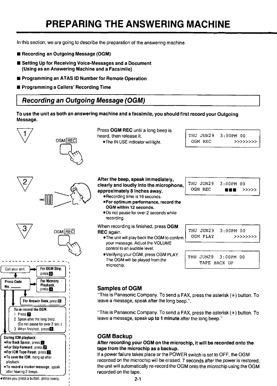 Recording an outgoing message (ogm), Preparing the answering machine, Samples of ogm | Ogm backup | Panasonic KX-F220 User Manual | Page 88 / 132