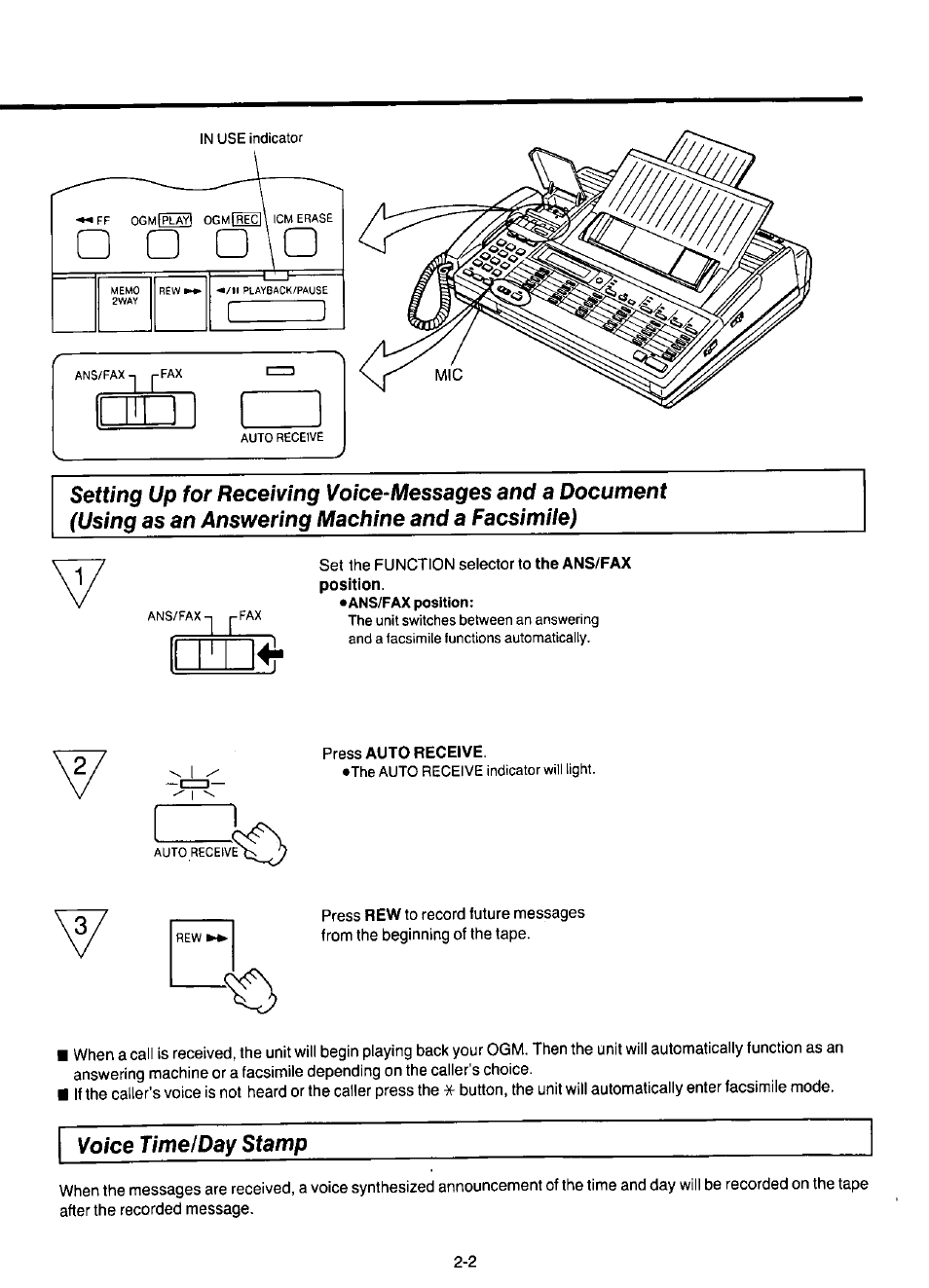 Press auto receive, Voice timelday stamp, Setting up for receiving voice-messages and a | Document (using as an answering machine and a, Facsimile) | Panasonic KX-F220 User Manual | Page 89 / 132