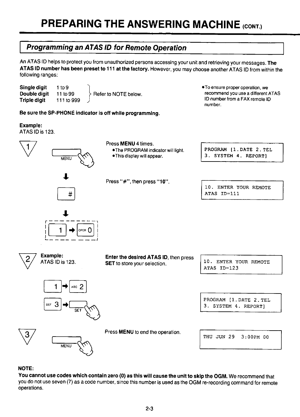 Programming an atas id for remote operation, Example, Note | Preparing the answering machine | Panasonic KX-F220 User Manual | Page 90 / 132