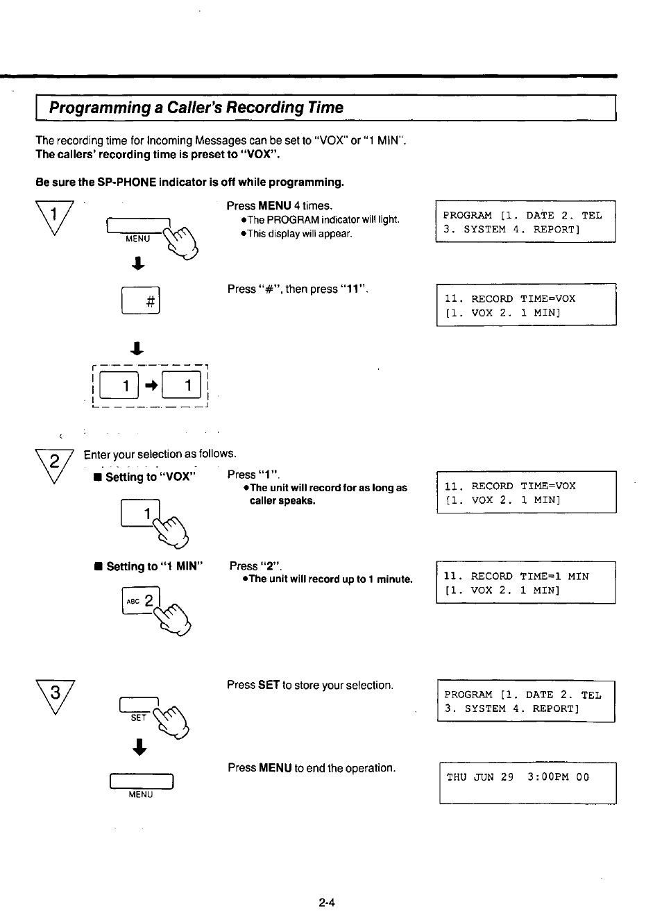 Programming a calleras recording time, Setting to “1 min, Programming a caller's recording time | Panasonic KX-F220 User Manual | Page 91 / 132