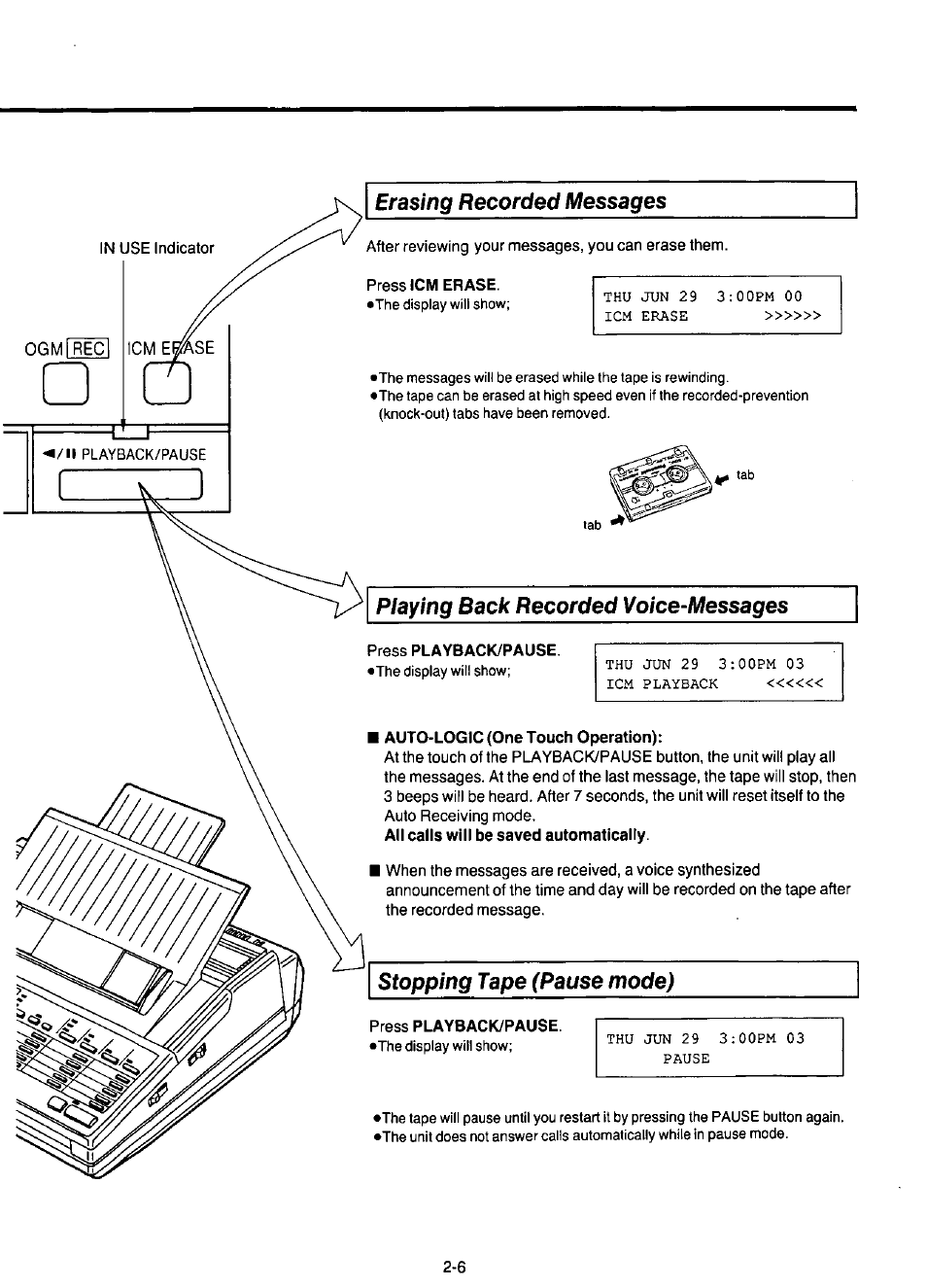 Erasing recorded messages, Auto-logic (one touch operation), Playing back recorded voice-messages | Stopping tape (pause mode) | Panasonic KX-F220 User Manual | Page 93 / 132