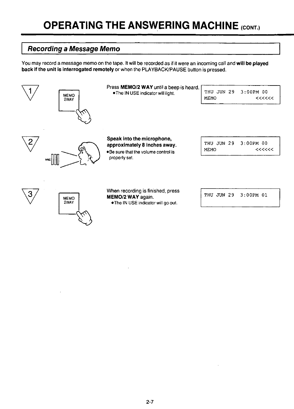 Recording a message memo, Operating the answering machine | Panasonic KX-F220 User Manual | Page 94 / 132