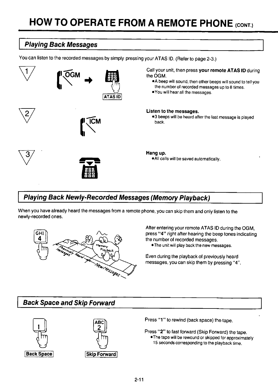 Playing back messages, Listen to the messages, Hang up | Back space and skip forward, Back space, Skip forward, Operate from a remote phone | Panasonic KX-F220 User Manual | Page 98 / 132