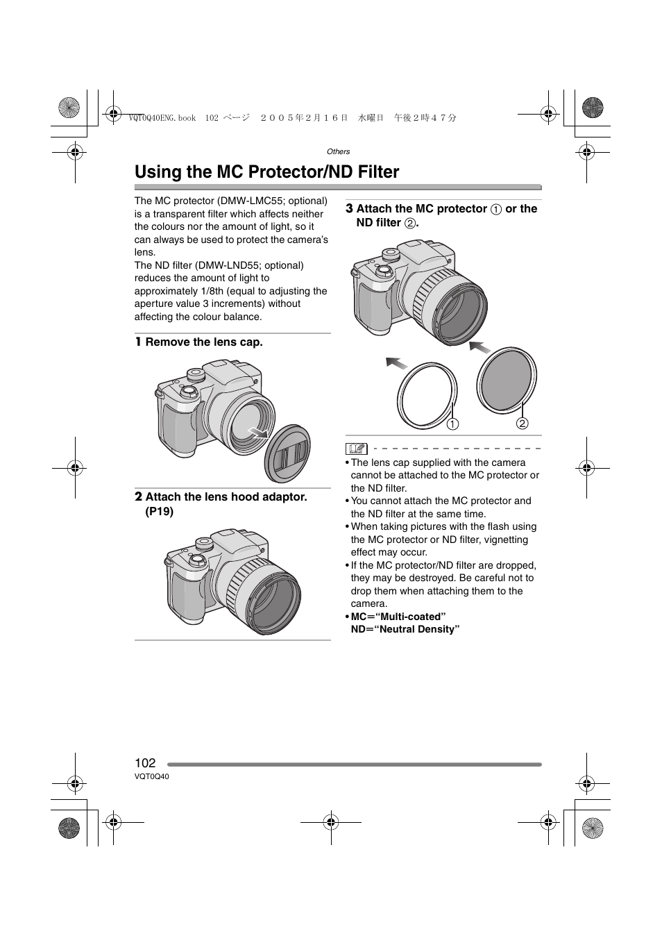 Using the mc protector/nd filter | Panasonic DMC-FZ5GN User Manual | Page 102 / 116