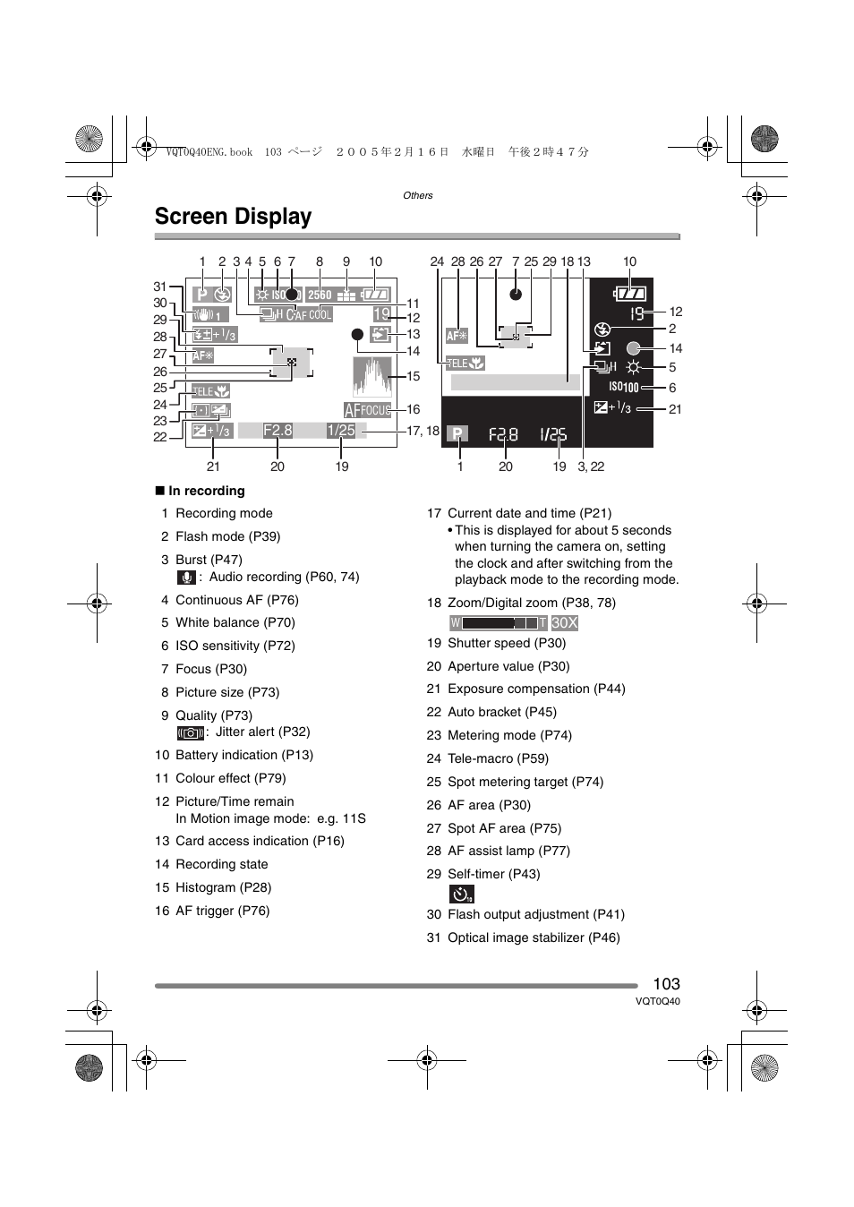 Screen display | Panasonic DMC-FZ5GN User Manual | Page 103 / 116