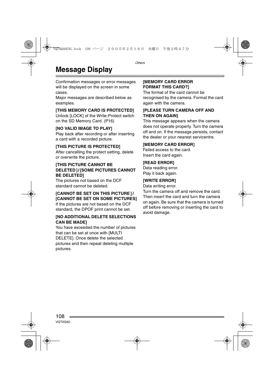 Message display | Panasonic DMC-FZ5GN User Manual | Page 108 / 116