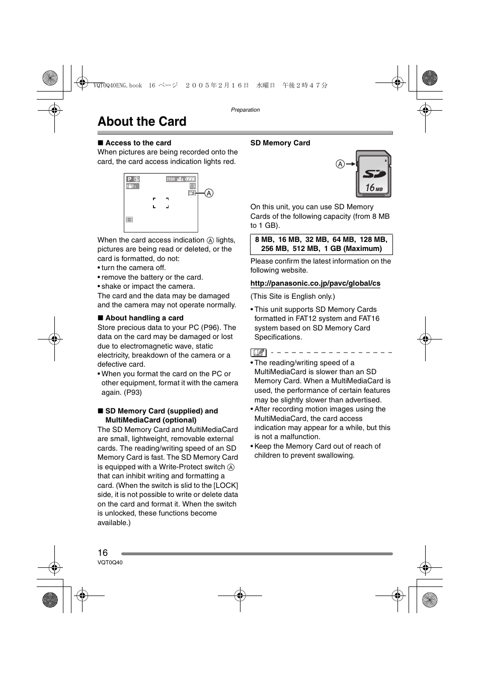 About the card | Panasonic DMC-FZ5GN User Manual | Page 16 / 116