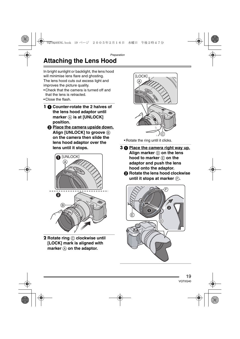 Attaching the lens hood | Panasonic DMC-FZ5GN User Manual | Page 19 / 116