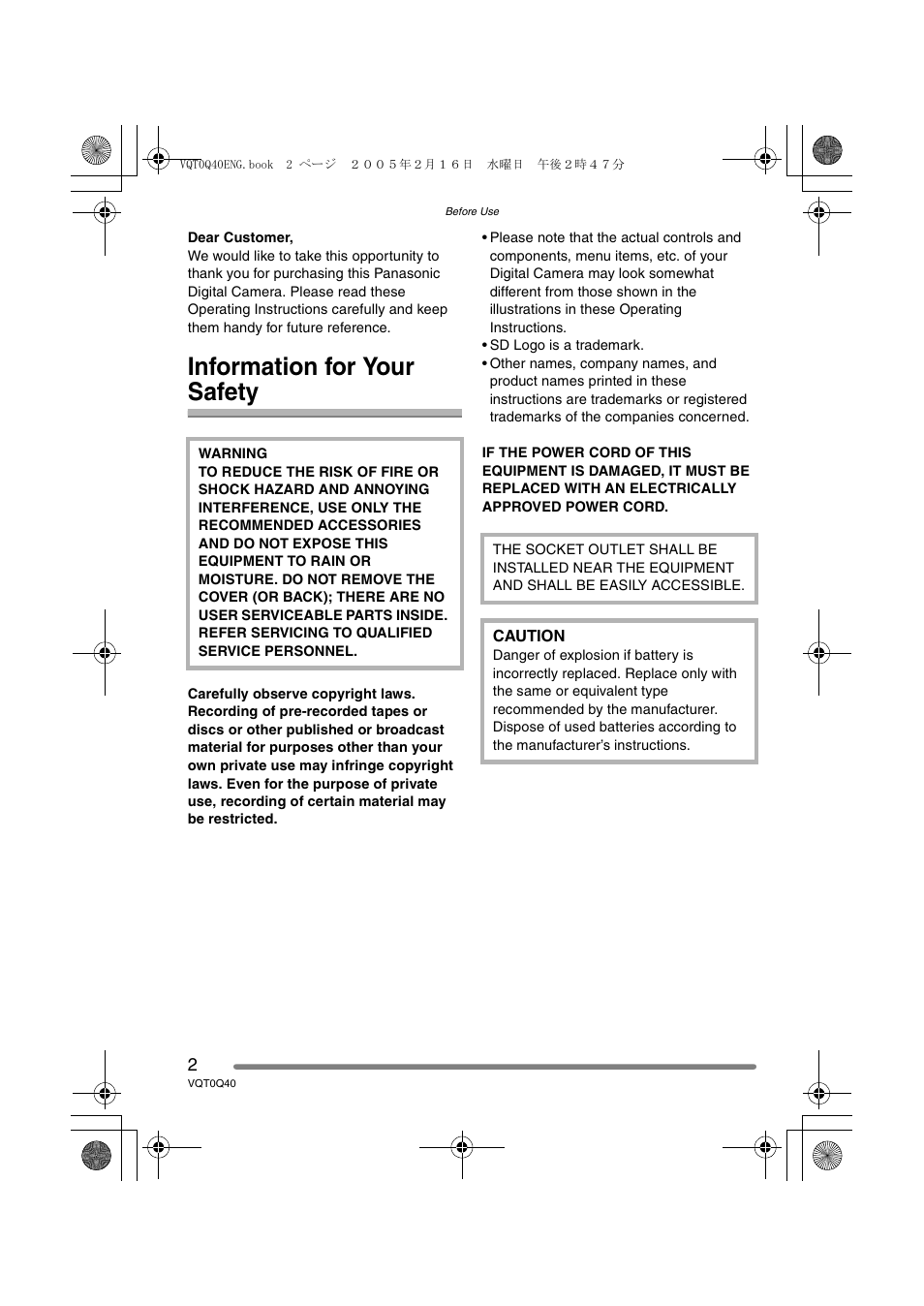 Information for your safety | Panasonic DMC-FZ5GN User Manual | Page 2 / 116