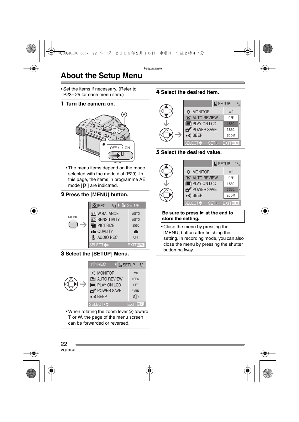 About the setup menu | Panasonic DMC-FZ5GN User Manual | Page 22 / 116