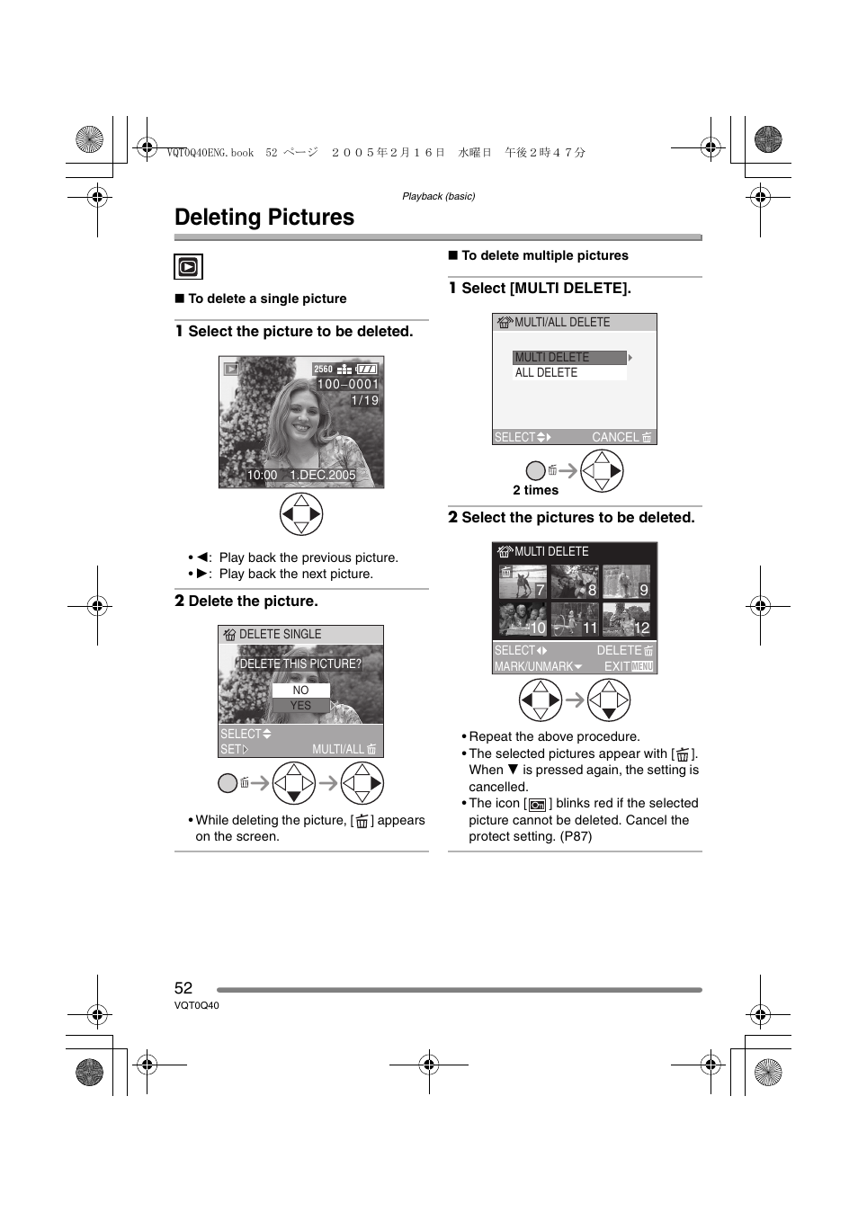 Deleting pictures | Panasonic DMC-FZ5GN User Manual | Page 52 / 116