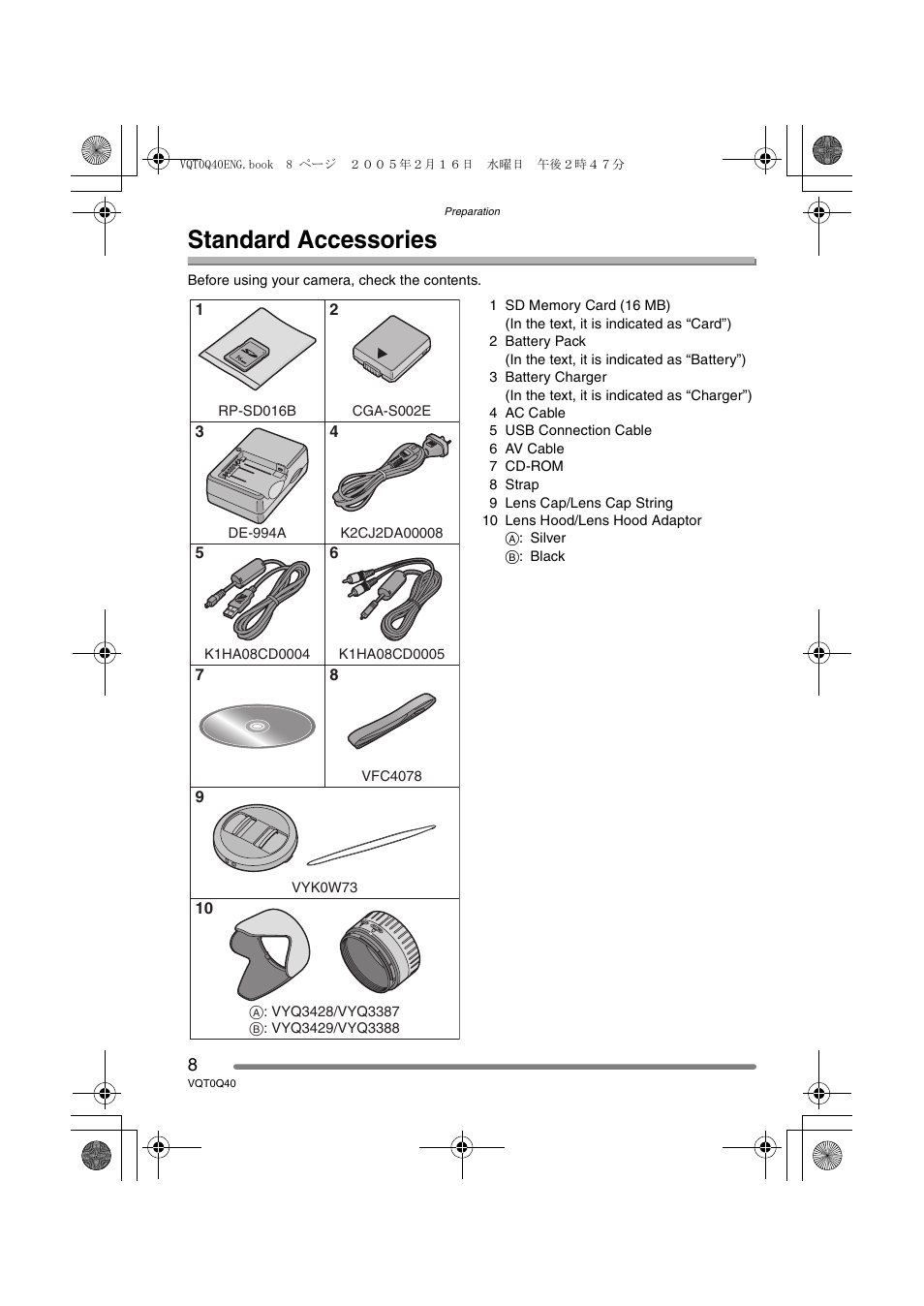 Standard accessories | Panasonic DMC-FZ5GN User Manual | Page 8 / 116