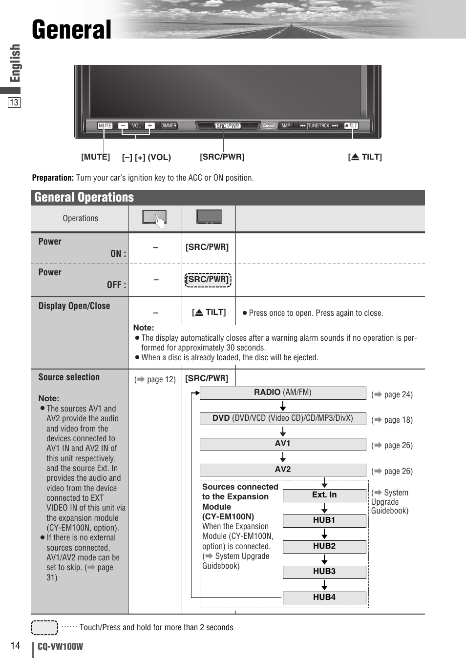 General, English, General operations | Panasonic CQ-VW100W User Manual | Page 14 / 46