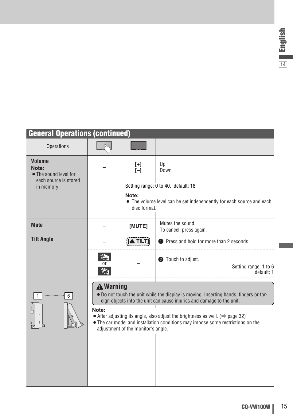 English, General operations (continued), Warning | Panasonic CQ-VW100W User Manual | Page 15 / 46