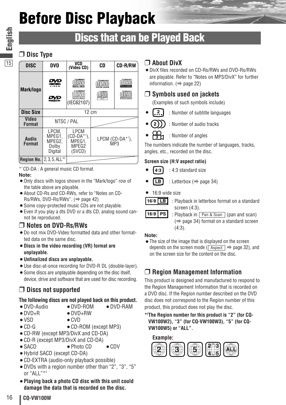 Before disc playback, Discs that can be played back, English | About divx, Symbols used on jackets, Region management information, Discs not supported, Disc type | Panasonic CQ-VW100W User Manual | Page 16 / 46