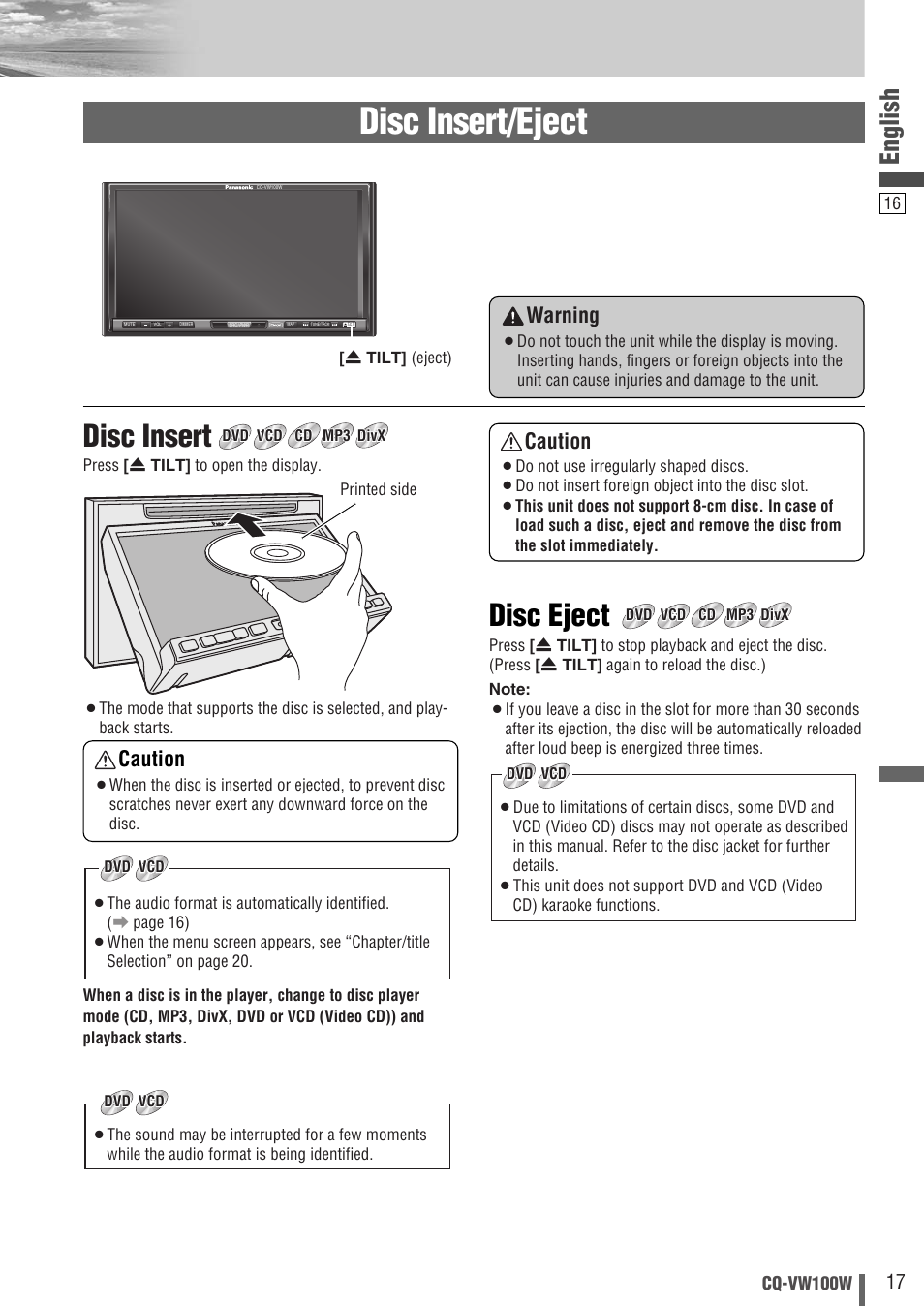 Disc insert/eject, Disc eject, Disc insert | English, Caution, Warning | Panasonic CQ-VW100W User Manual | Page 17 / 46