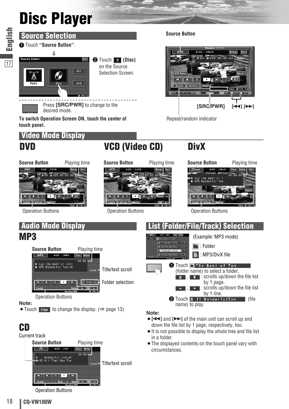 Disc player, Cd mp3, Vcd (video cd) | Divx, English, Source selection, Video mode display | Panasonic CQ-VW100W User Manual | Page 18 / 46