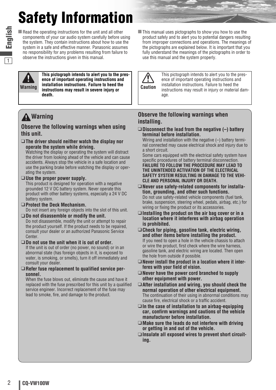 Safety information, English, Warning | Panasonic CQ-VW100W User Manual | Page 2 / 46