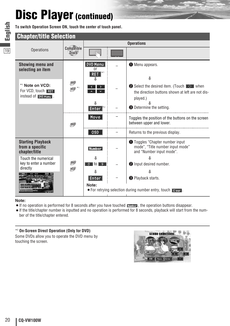 Disc player, Continued), English | Chapter/title selection | Panasonic CQ-VW100W User Manual | Page 20 / 46