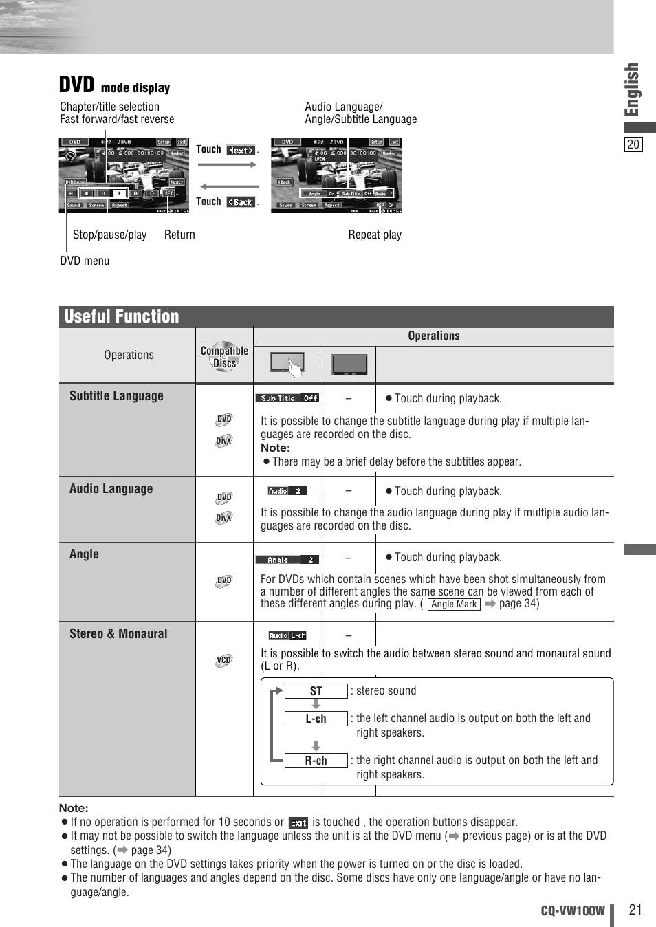 English, Useful function | Panasonic CQ-VW100W User Manual | Page 21 / 46