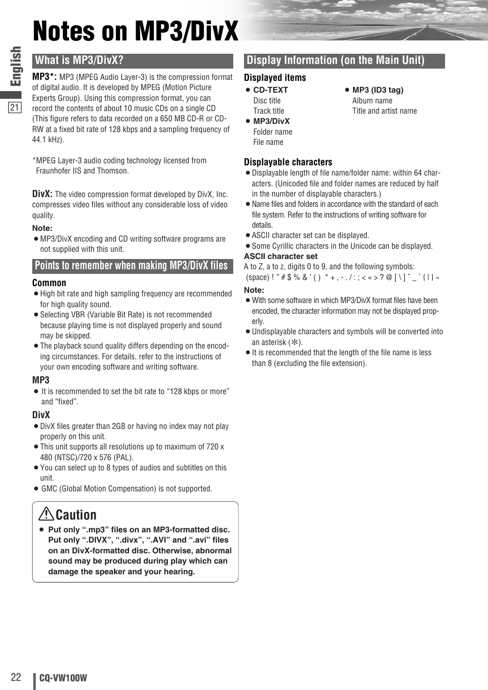 English, Caution, What is mp3/divx | Points to remember when making mp3/divx files, Display information (on the main unit) | Panasonic CQ-VW100W User Manual | Page 22 / 46