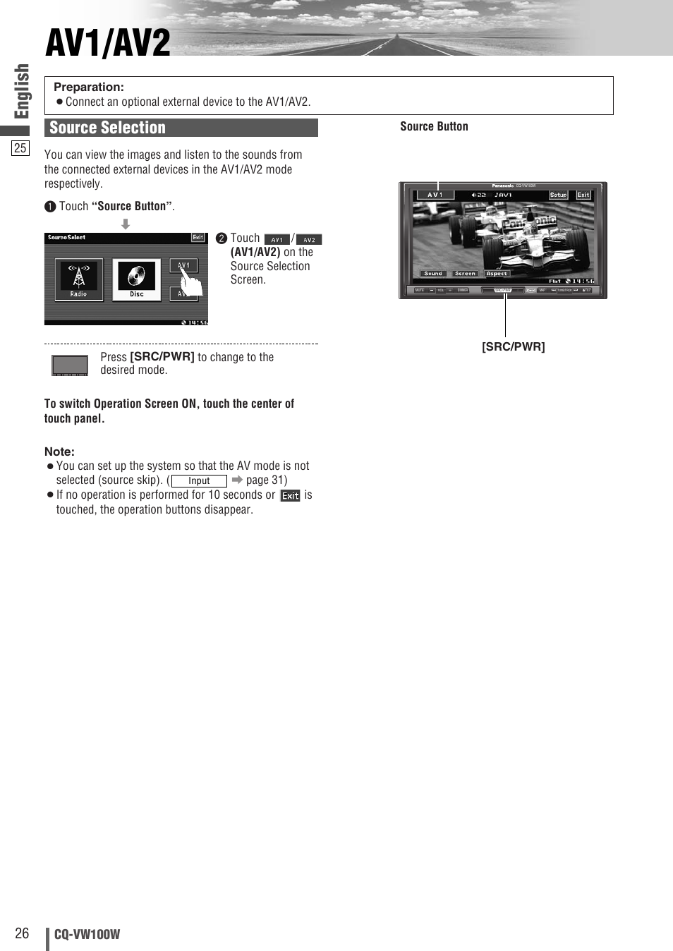 Av1/av2, English, Source selection | Cq-vw100w | Panasonic CQ-VW100W User Manual | Page 26 / 46