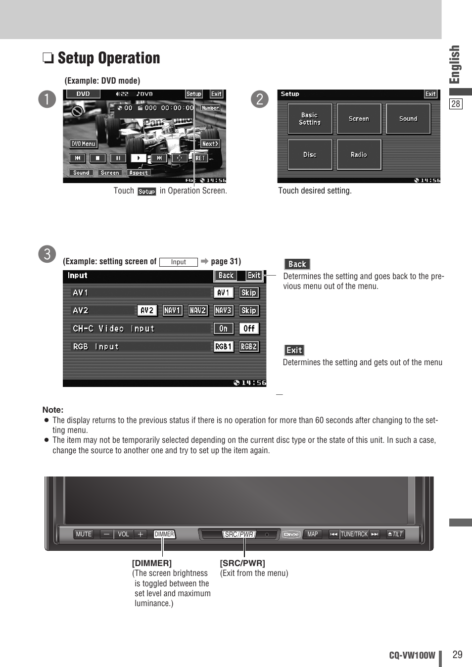 Setup operation, English | Panasonic CQ-VW100W User Manual | Page 29 / 46