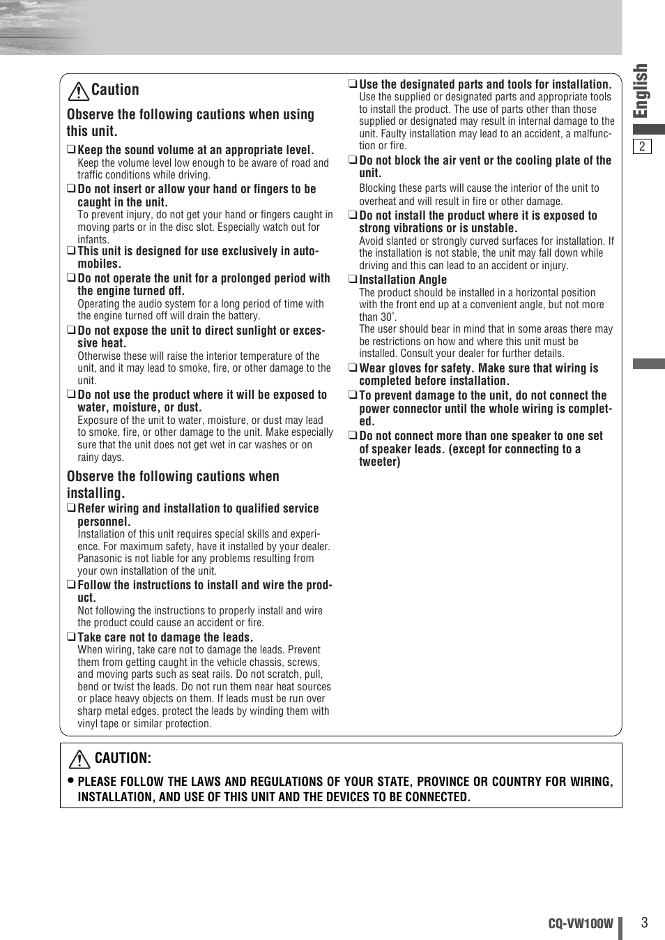 English, Caution | Panasonic CQ-VW100W User Manual | Page 3 / 46