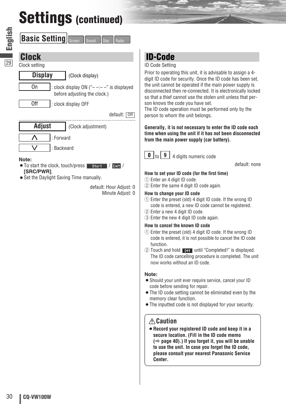 Settings, Continued), Id-code | Clock, Basic setting, English, Adjust, Display caution | Panasonic CQ-VW100W User Manual | Page 30 / 46