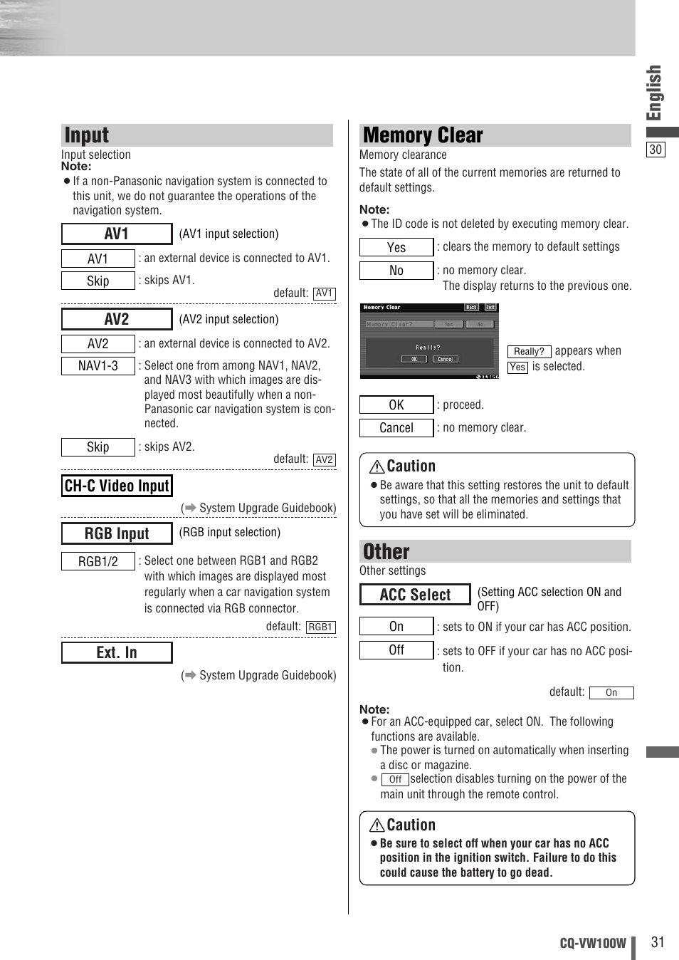 Other, Input, English | Acc select caution, Caution, Ext. in, Rgb input ch-c video input | Panasonic CQ-VW100W User Manual | Page 31 / 46