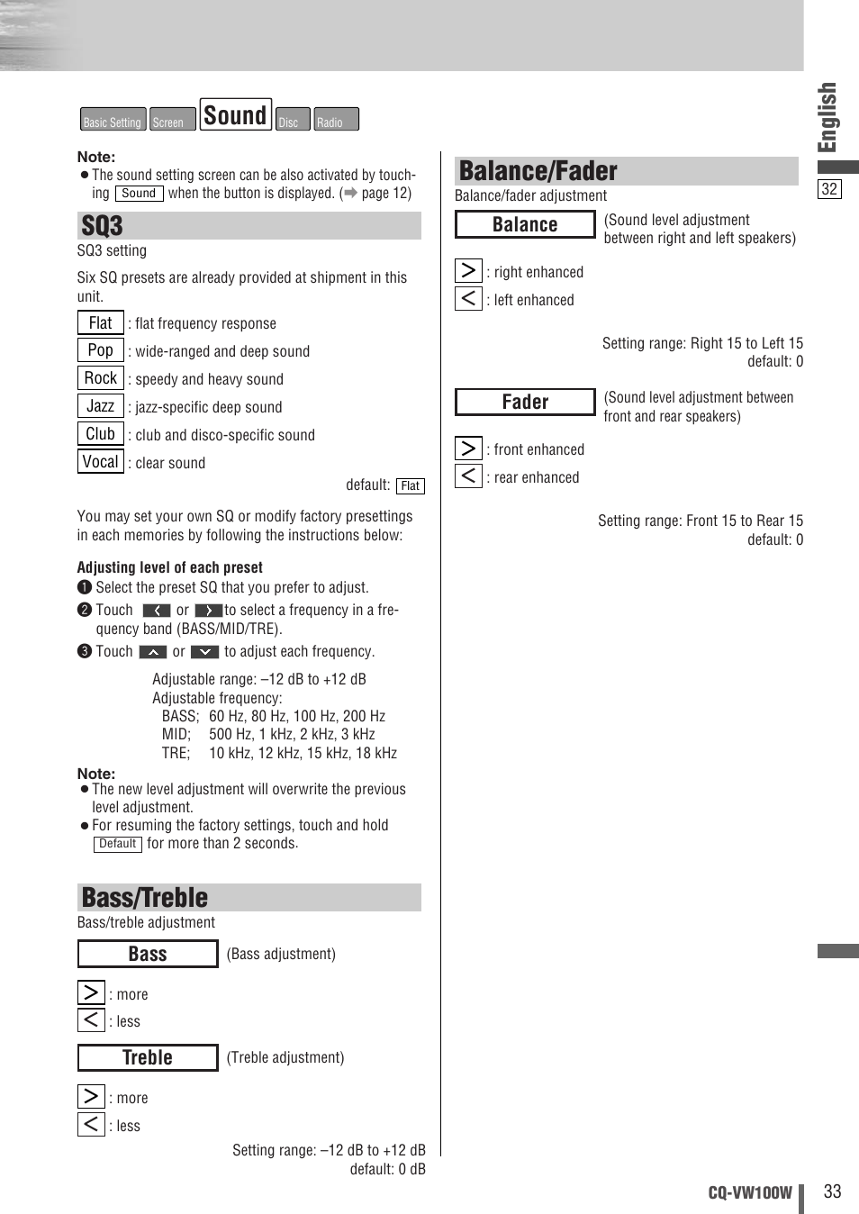 Bass/treble, Balance/fader, Sound | English, Treble, Bass, Fader, Balance | Panasonic CQ-VW100W User Manual | Page 33 / 46