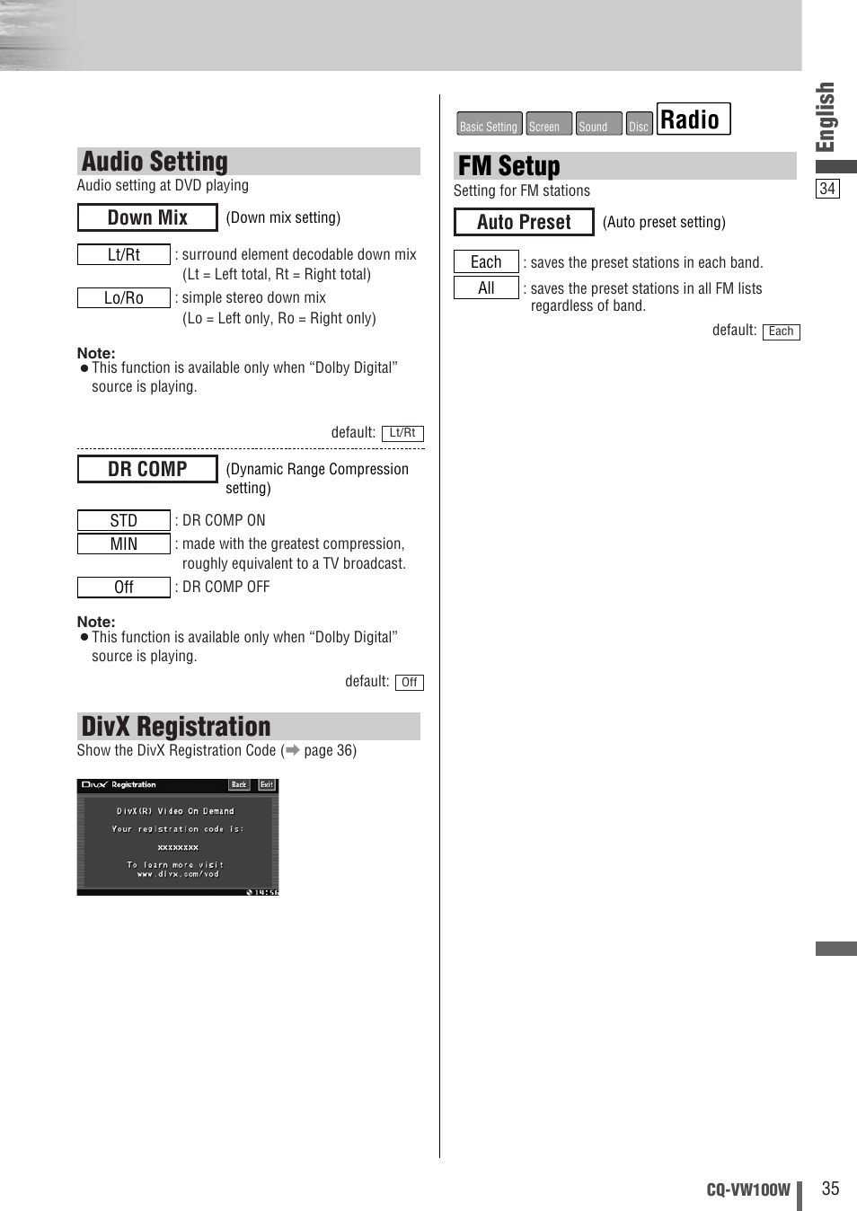 Fm setup, Audio setting, Divx registration | Radio, English, Auto preset, Dr comp, Down mix | Panasonic CQ-VW100W User Manual | Page 35 / 46