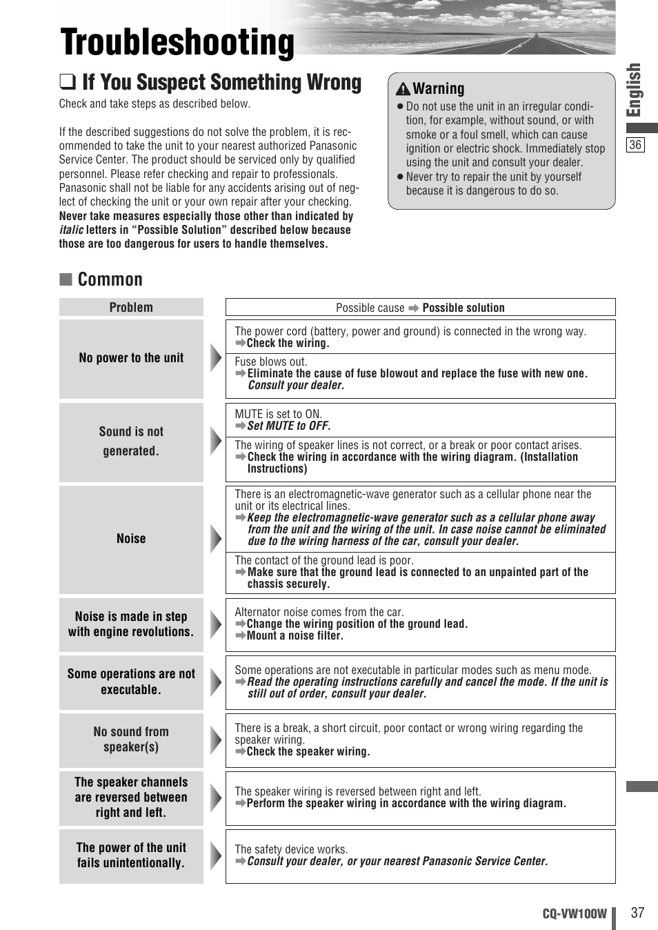 Troubleshooting, If you suspect something wrong, English | Common | Panasonic CQ-VW100W User Manual | Page 37 / 46