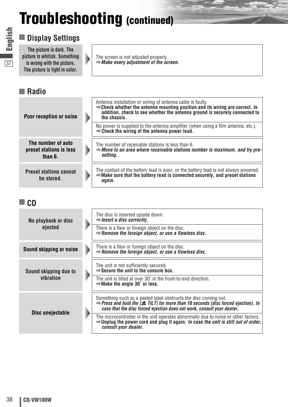 Troubleshooting, Continued), English | Cd ■ radio, Display settings | Panasonic CQ-VW100W User Manual | Page 38 / 46