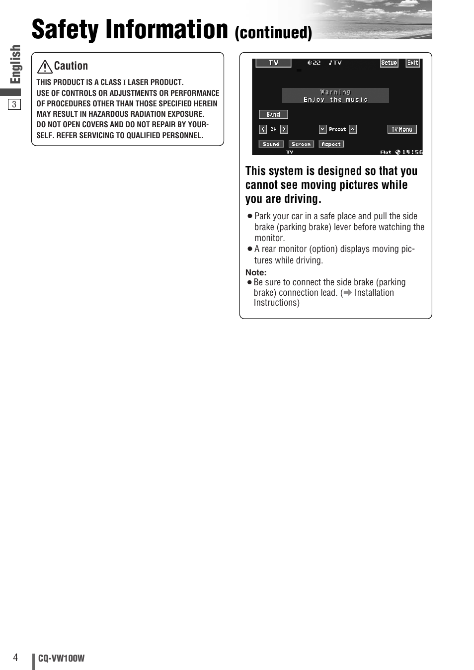 Safety information, Continued), English | Panasonic CQ-VW100W User Manual | Page 4 / 46