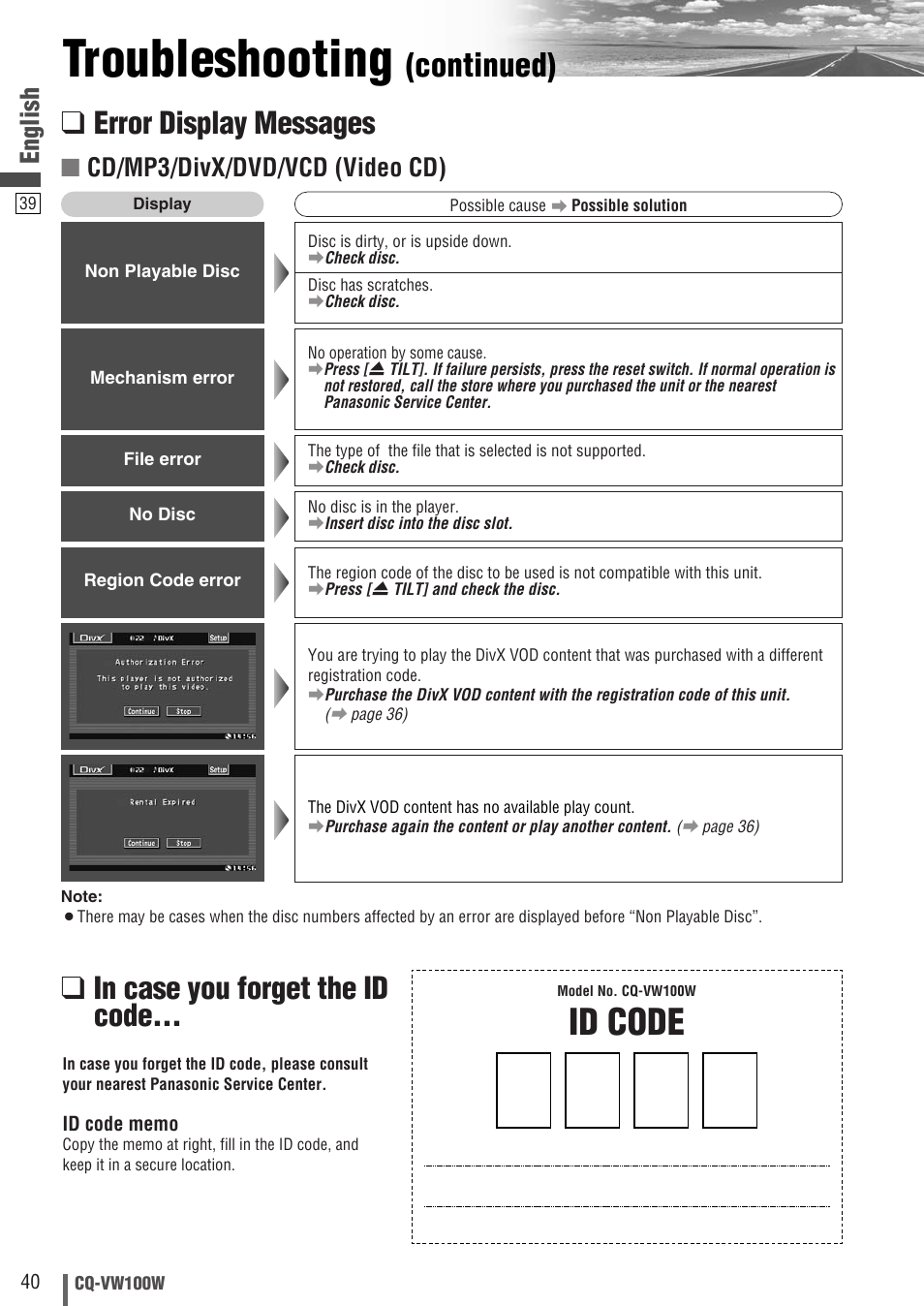 Troubleshooting, Id code, Continued) | Error display messages, English, Cd/mp3/divx/dvd/vcd (video cd) | Panasonic CQ-VW100W User Manual | Page 40 / 46