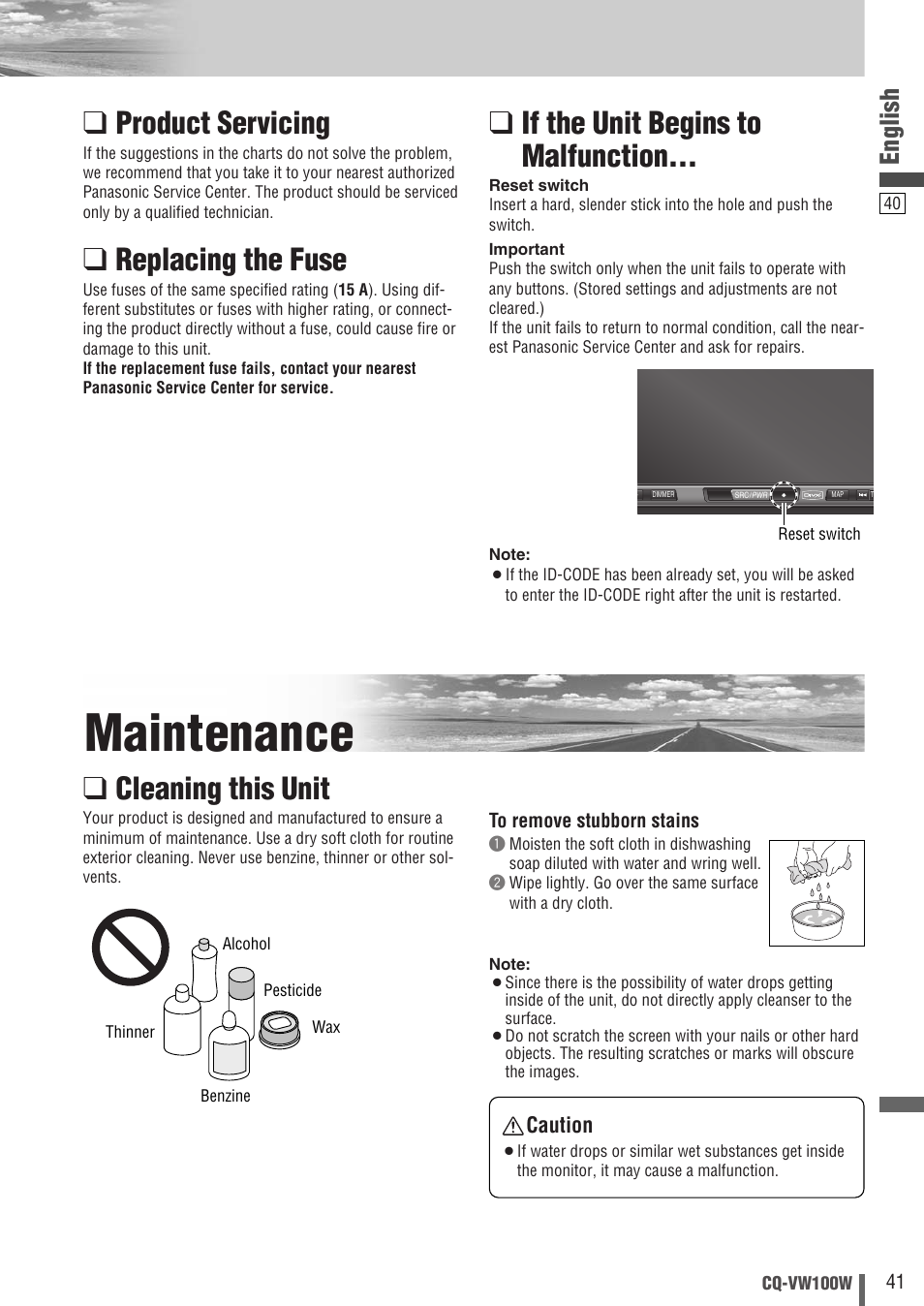 Maintenance, Product servicing, Replacing the fuse | If the unit begins to malfunction, Cleaning this unit, English | Panasonic CQ-VW100W User Manual | Page 41 / 46