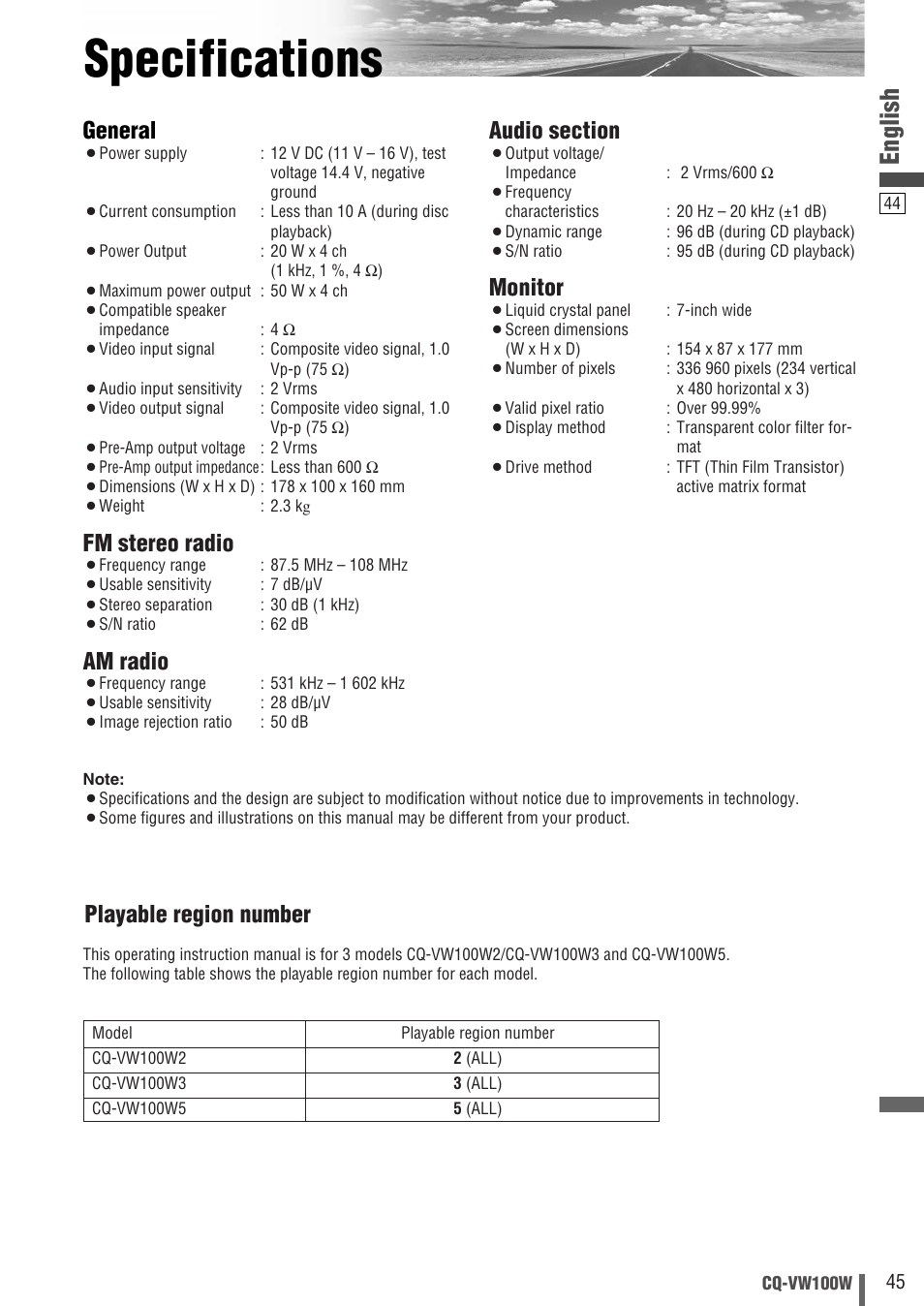 Specifications, English, General | Fm stereo radio, Am radio, Monitor, Playable region number | Panasonic CQ-VW100W User Manual | Page 45 / 46