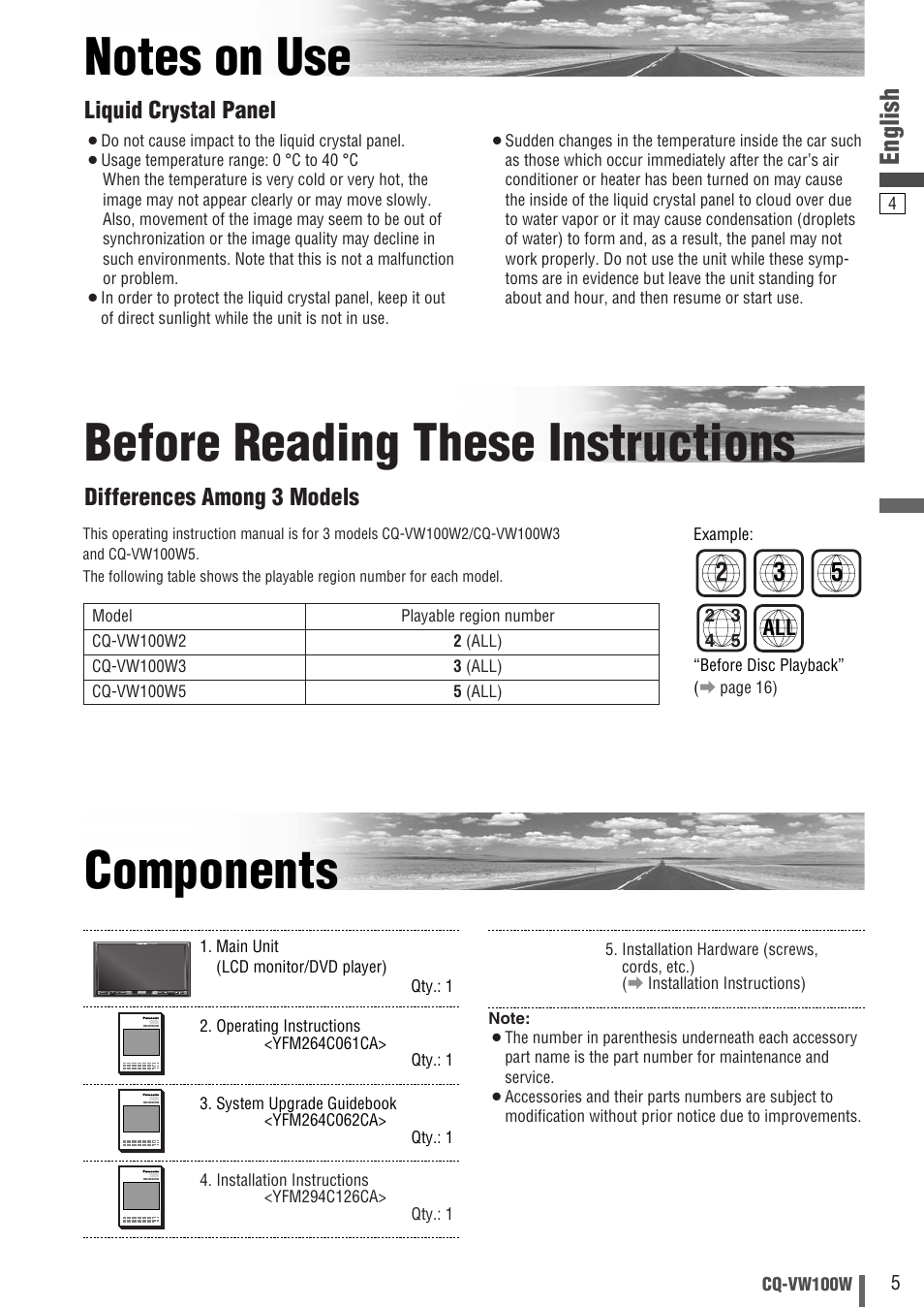 Before reading these instructions, English, Liquid crystal panel | Differences among 3 models | Panasonic CQ-VW100W User Manual | Page 5 / 46