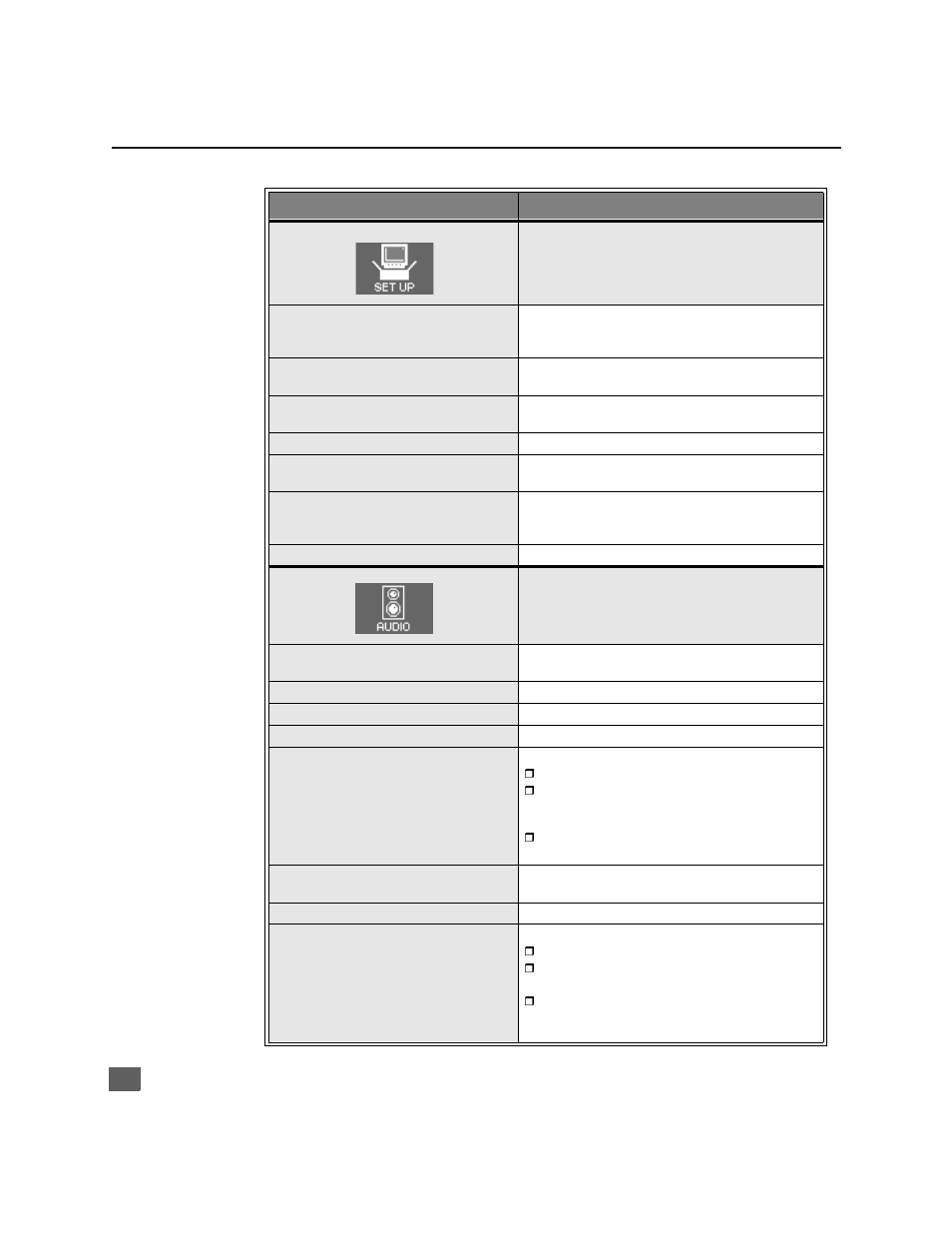 Main menu feature chart | Panasonic CT-20SX11 User Manual | Page 13 / 38