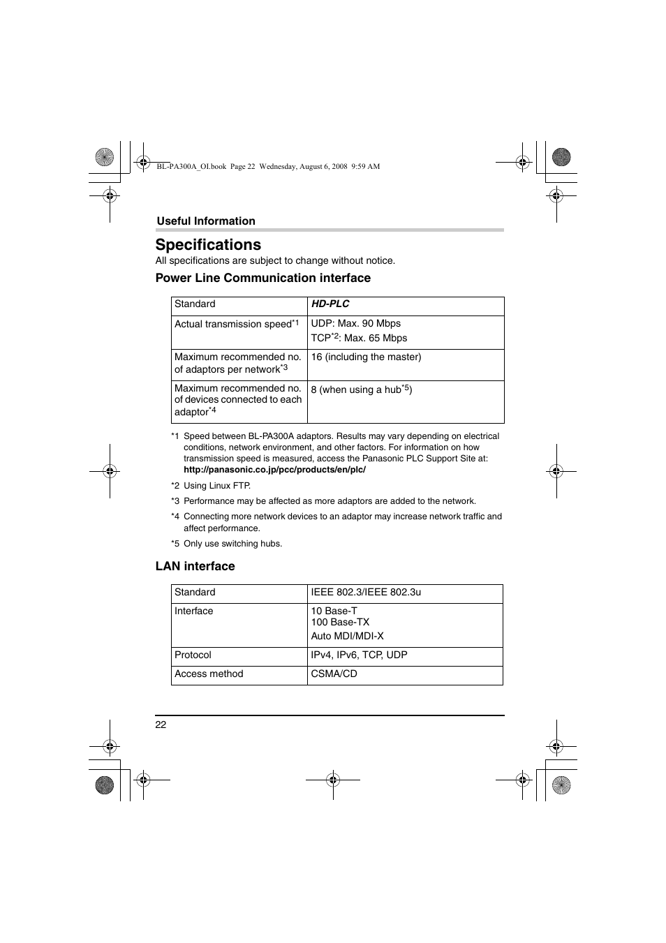 Specifications | Panasonic BL-PA300A User Manual | Page 22 / 56