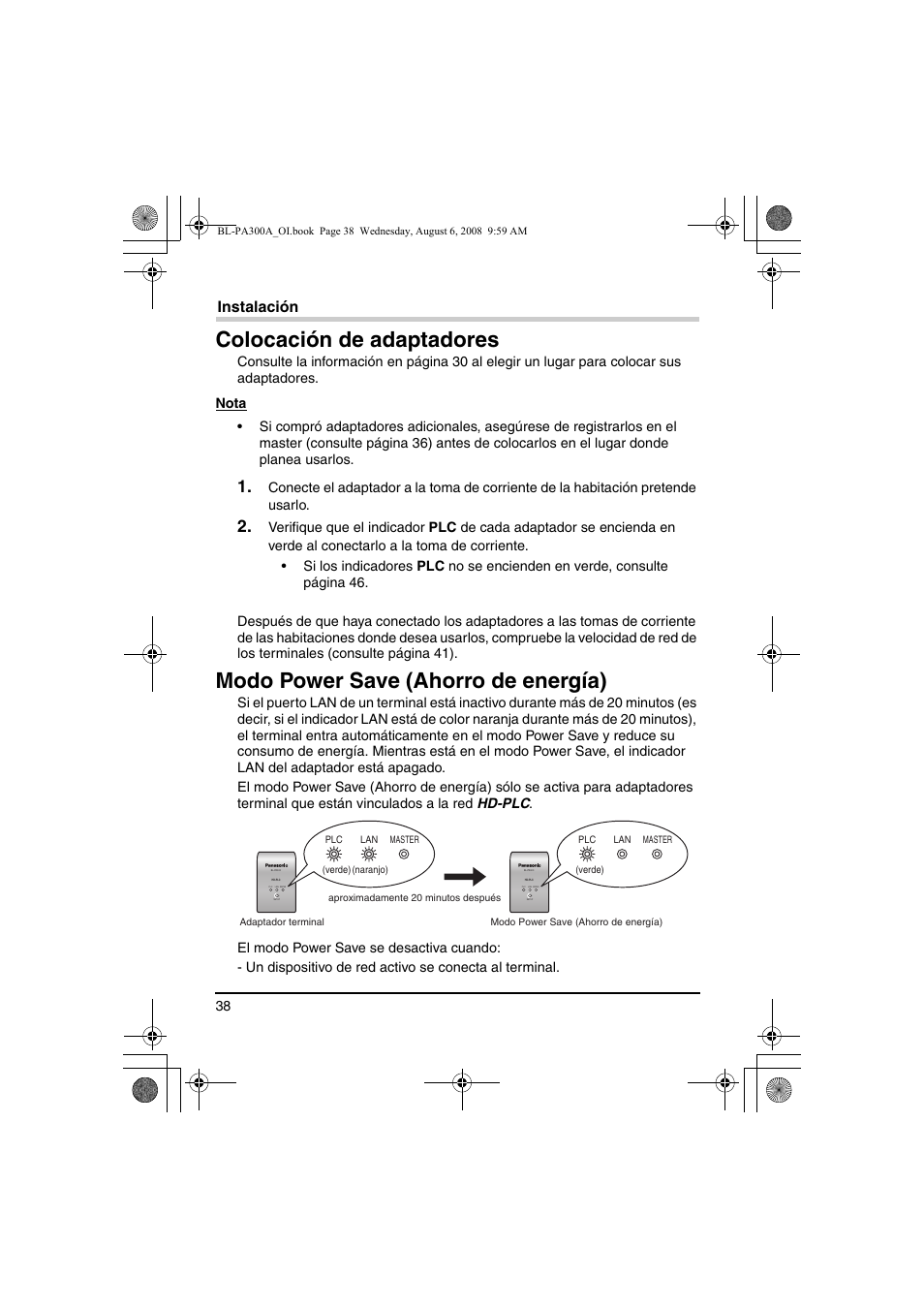 Colocación de adaptadores, Modo power save (ahorro de energía), Instalación | Panasonic BL-PA300A User Manual | Page 38 / 56