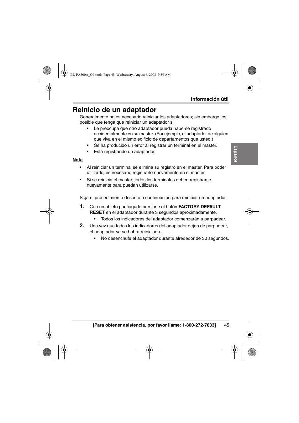 Reinicio de un adaptador | Panasonic BL-PA300A User Manual | Page 45 / 56