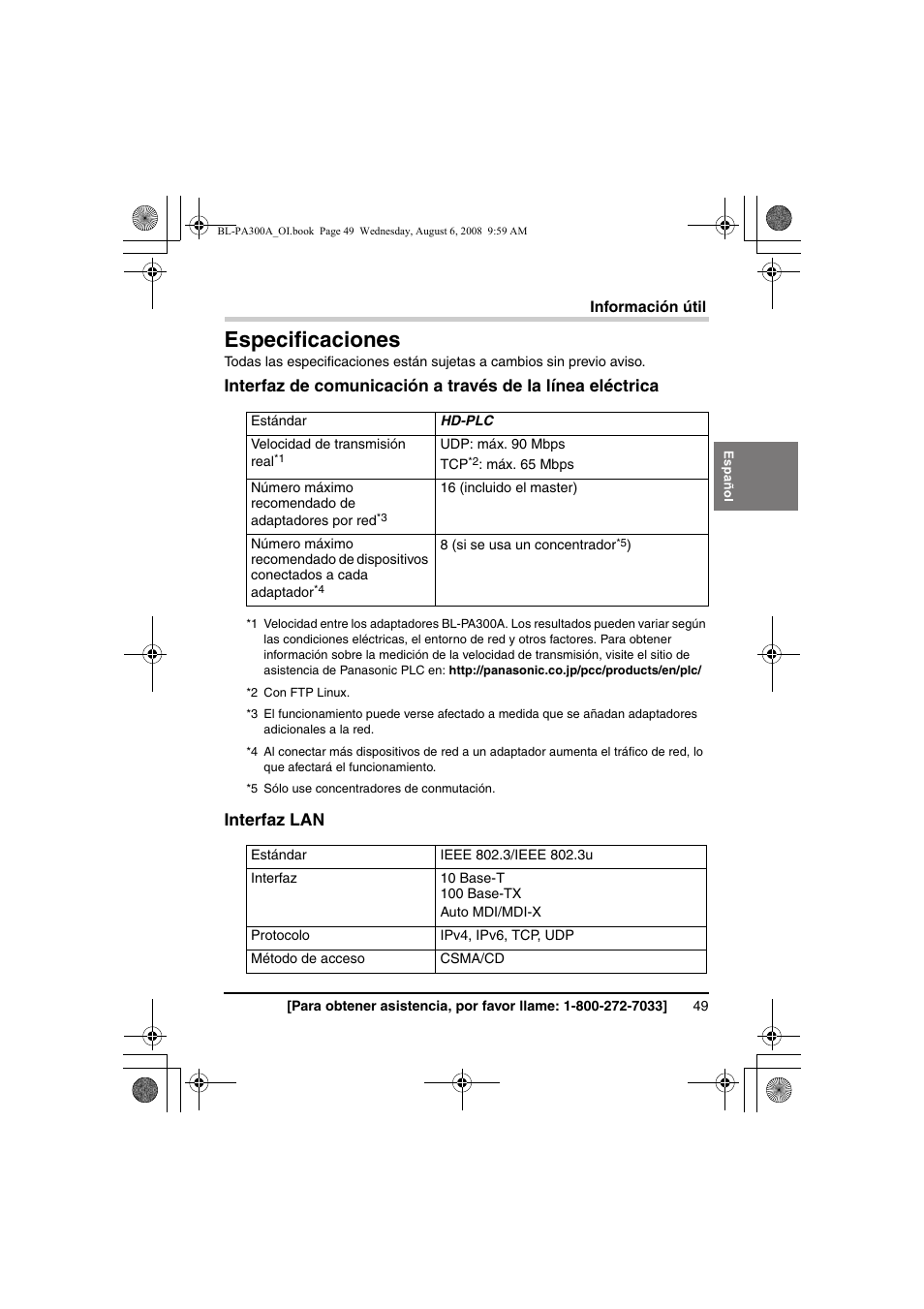 Especificaciones | Panasonic BL-PA300A User Manual | Page 49 / 56