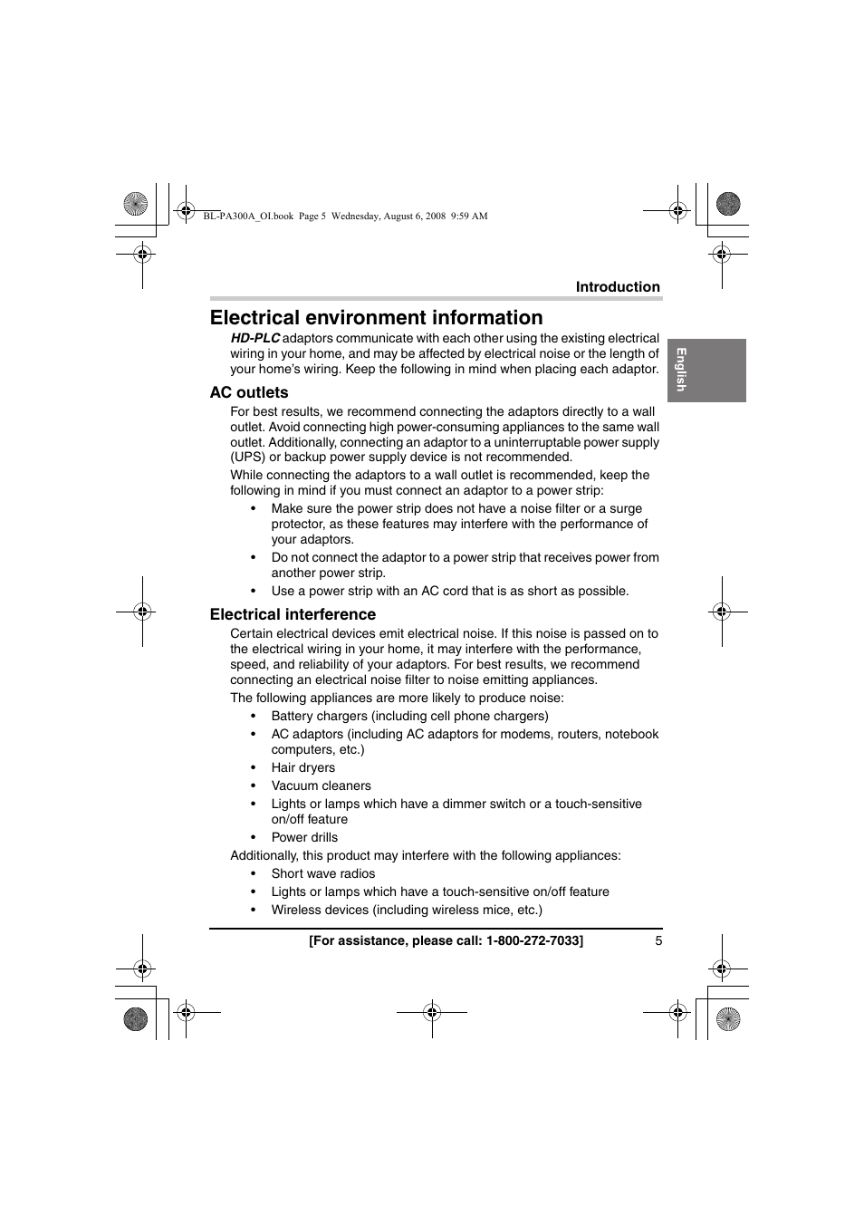 Electrical environment information | Panasonic BL-PA300A User Manual | Page 5 / 56