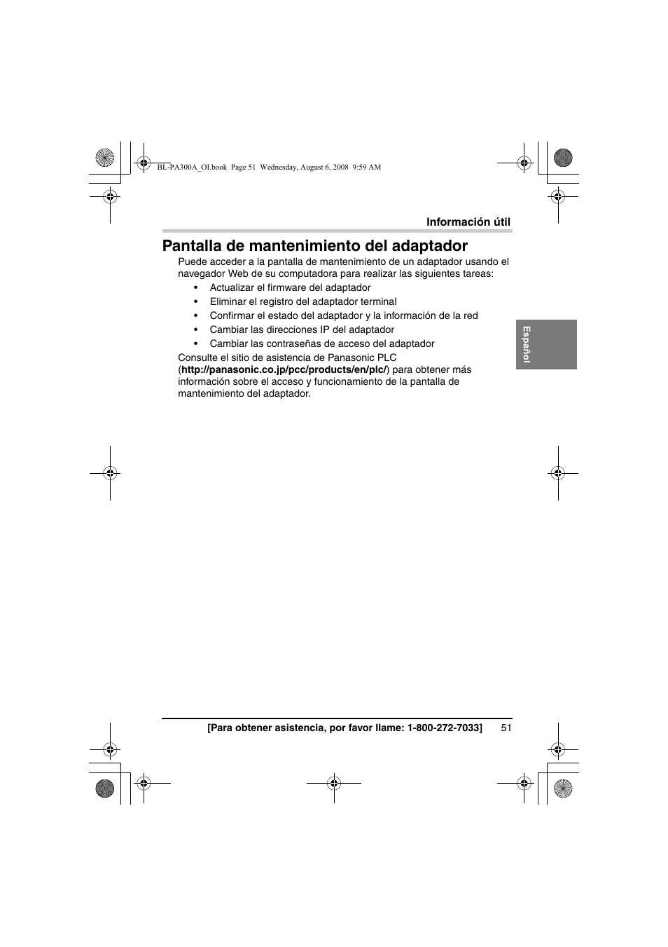 Pantalla de mantenimiento del adaptador | Panasonic BL-PA300A User Manual | Page 51 / 56